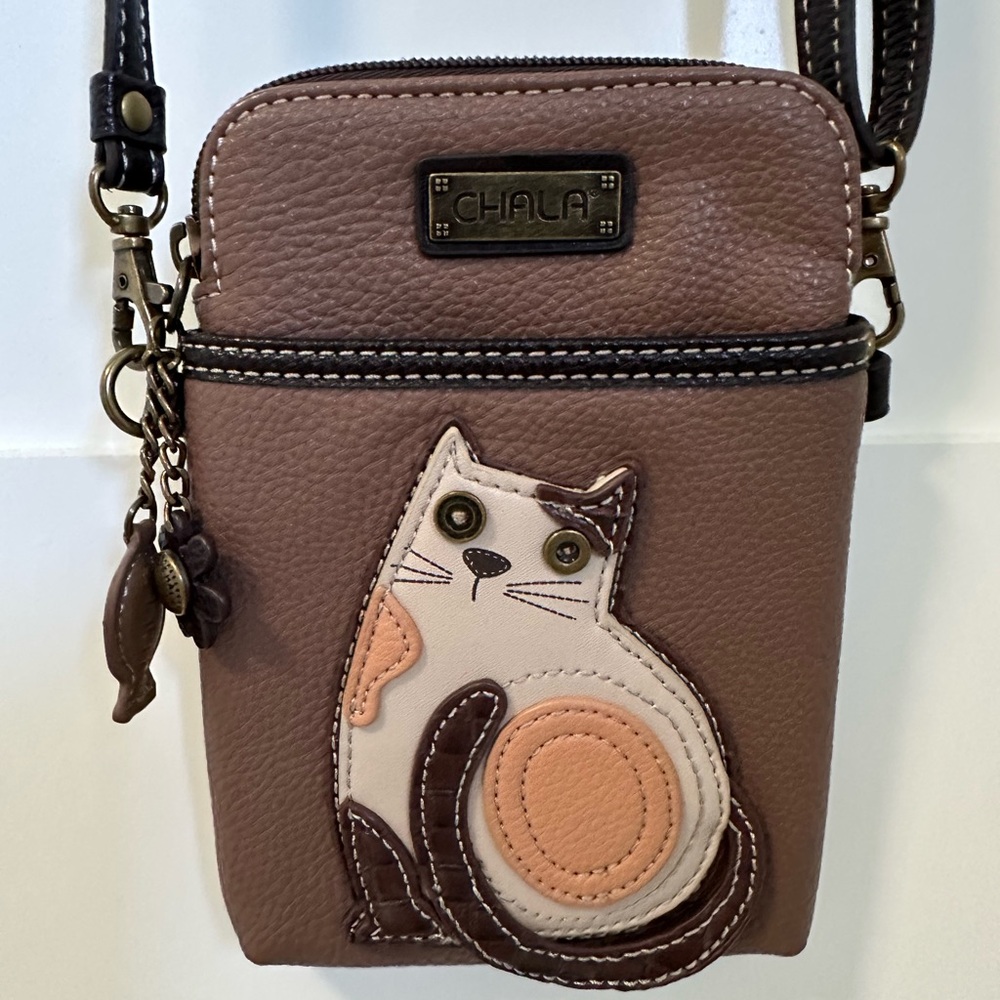 Chala Cat Phone Purse Crossbody Brown/Tan Vegan Leather NWOT